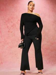 SHEIN BAE Off-Shoulder Brown Mesh Plus Size Long-Sleeved T-Shirt - Black - View 3