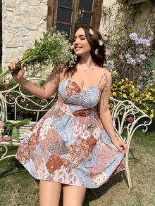 Flirla Plus Size Nữ chắp vá nhiều màu Ditsy Floral Crinkle Cami Dress - Nhiều màu - Xem 7