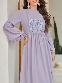 Mulvari Women'S Floral Embroidery Lace Patchwork Waist-Cinching Dress Eid Dress - Dusty Purple - View 2