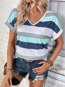SHEIN LUNE Color Block Striped Batwing Sleeve Casual T-Shirt Graphic Tees Women Tops