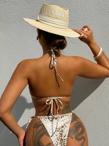 Swim SXY Bộ bikini cổ yếm họa tiết da báo, bãi biển mùa hè - Vàng - Xem 3
