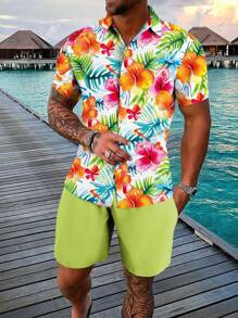 Manfinity RSRT Men's Tropical Plant Print Short Sleeve Shirt With Contrast Collar And Shorts Set , Beach , Hawaii , Graphic , Vacation , Colorful