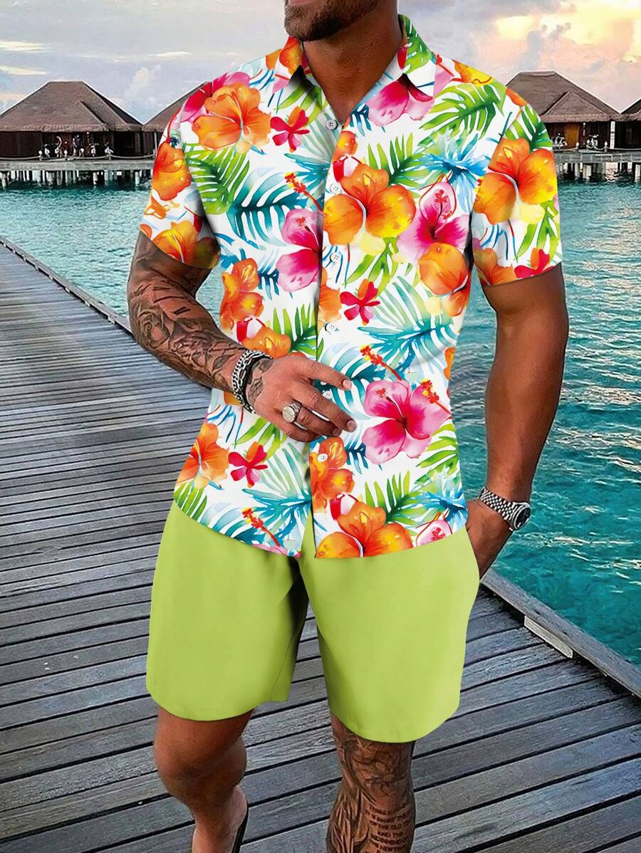 Manfinity RSRT Men's Tropical Plant Print Short Sleeve Shirt With Contrast Collar And Shorts Set , Beach , Hawaii , Graphic , Vacation , Colorful
