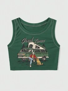 Frmlsstudio Top tank con letra de cráneo & con estampado de perro de canalé - Verde Oscuro - Ver 5