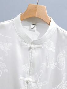 SHEIN Tween Boys' Loose Fit Casual Stand Collar Jacquard Shirt And Shorts Set, Hanfu Style - Green - View 7