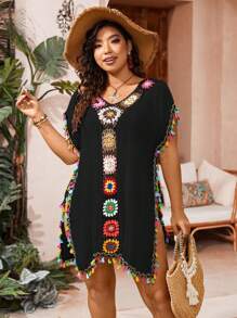 Swim Vcay Summer Beach Plus Size Crochet Flower Decor V-Neck Kimono Dress With Tassel And Fringe Hem, Short Sleeve Cruise Outfit Beach Outfit Vacay Vibe - Black - View 4