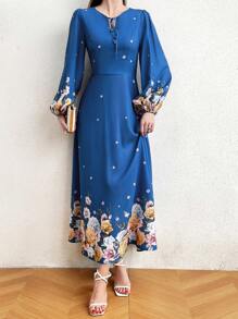 Modelyn 女士花卉印花燈籠袖連身裙,設有定義腰線 - 藍色 - 查看 5