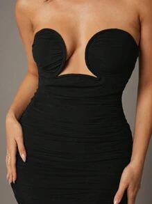 Silquee Robe Moulante Mini Sans Bretelles À Volants De Couleur Unie - Noir - Voir 3