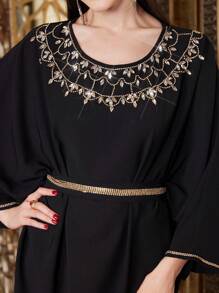 Layrah Turkish Style Caftan Dress With Batwing Sleeves And Rhinestone Decoration, Elegant Luxury Evening Party Style Kaftan Jalabiya Dress