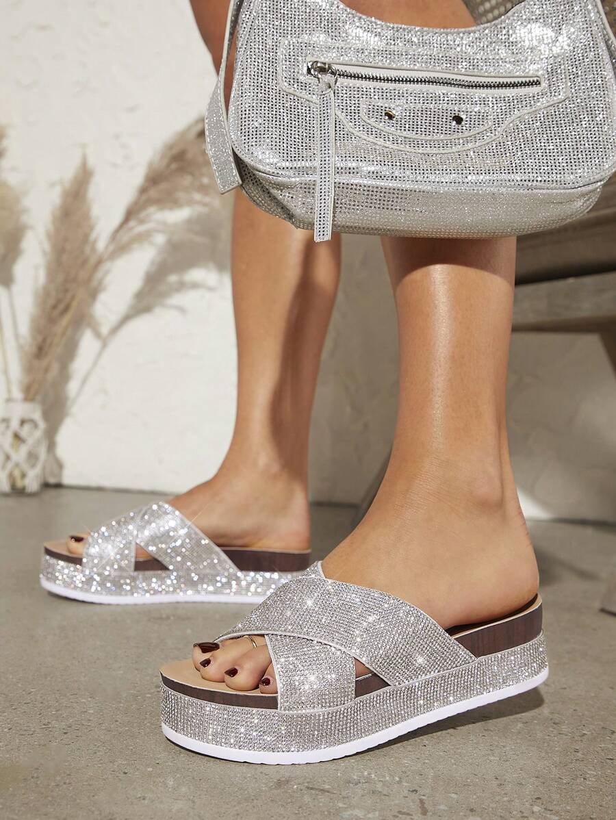 SHUZIA Ladies' Fashionable Glitter Platform Wedge Sandals For Christmas Valentine's Day Summer Shoes - Silver - View 1