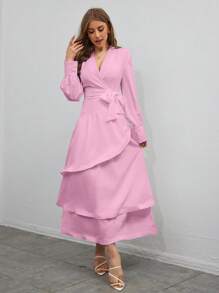 SHEIN Privé 情人節多層荷葉邊裹身洋裝 - 藕粉色 - 查看 3
