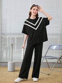 SHEIN 少女针织拼色落肩短袖 T 恤和长裤休闲两件套 - 黑色 - 查看 1