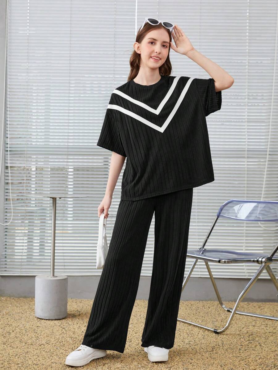 SHEIN 少女针织拼色落肩短袖 T 恤和长裤休闲两件套 - 黑色 - 查看 1