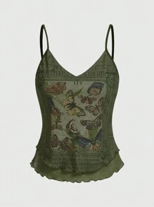 ROMWE Fairycore Butterfly Print Cami Top - Army Green - View 1
