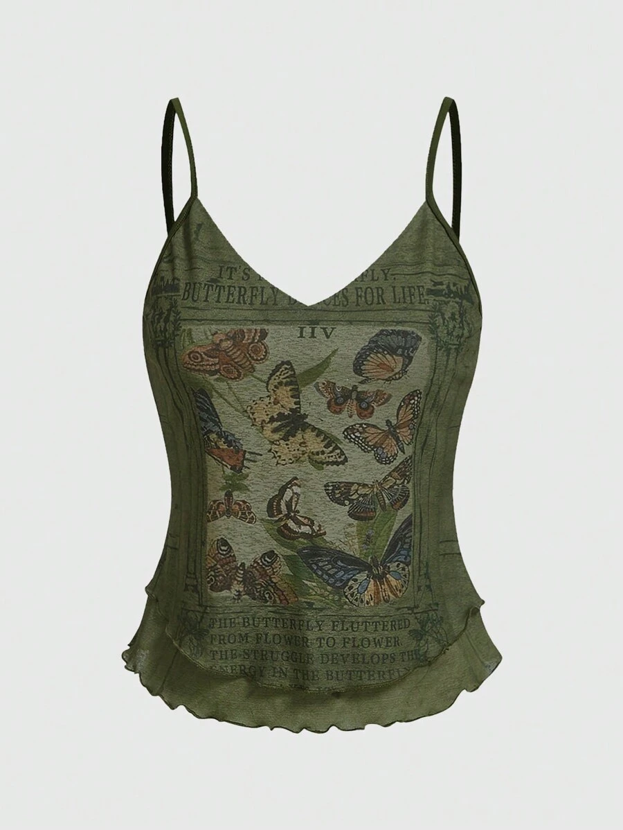 ROMWE Fairycore Butterfly Print Cami Top - Army Green - View 1