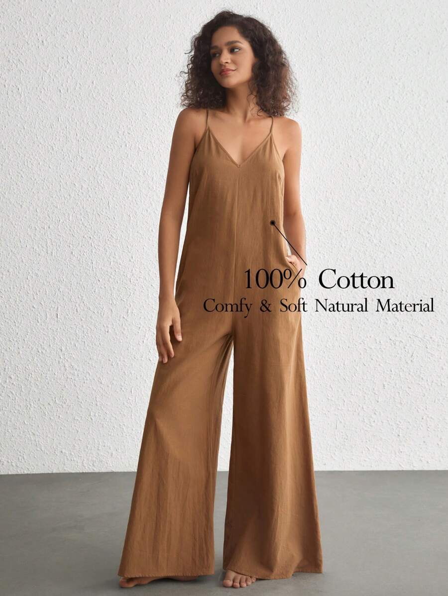Ocili Leisure Solid Wide Leg Cami Jumpsuit - Khaki - View 1