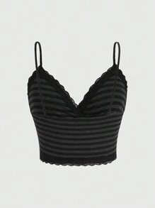 ROMWE Fairycore Plus Striped Lace Trim Cami Top For Summer - Multicolor - View 2