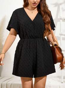 SHEIN LUNE Plus Size Black Bubble Check Texture Fabric Romper For Spring/Summer - Black - View 3