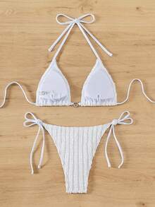 Solid Color Textured Bikini Set Summer Beach - White - View 2