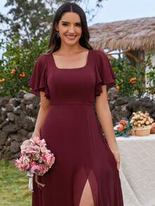 EVERPRETTY Elegant Ruffled Sleeve Backless Tied High Slit Bridesmaid Dress - Burgundy - View 4