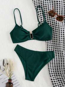 SHEIN Swim Ensemble Bikini Col En V Tricoté Côtelé Avec Détail Découpé, Festival De Musique - Vert sapin - Voir 6