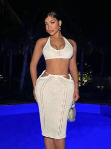 Zolique Conjunto De Falda Midi De Lana Y Top De Punto Con Cuello Halter Para Mujer