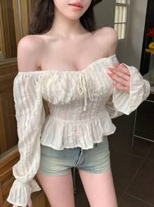 DAZY Women's Off Shoulder Flare Sleeve Tie Waist Shirt,Ruffle,Babydoll Top,Fall Women Clothes Long Sleeve Top - Beige - View 9