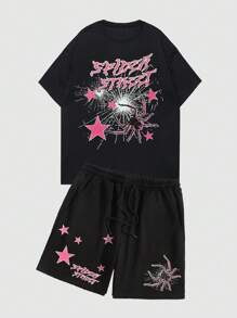 ROMWE MEN Street Life Men's Spider Stars And Letter Printed Short Sleeve T-Shirt And Shorts Set, Halloween - Black - View 1