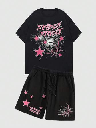 Street Life مجموعة قميص كم قصير وشورت مطبوع عليها نجوم وحرف للرجال، هالوين