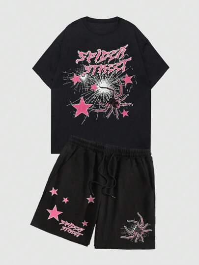 Street Life Ensemble t-shirt à manches courtes et short imprimé d'étoiles et de lettres araignée pour hommes, Halloween