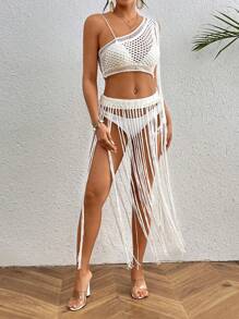 Swim EVENT 1 件女式流苏装饰短款单肩上衣和 1 件流苏下摆罩衫套装夏季 - 米色 - 查看 11