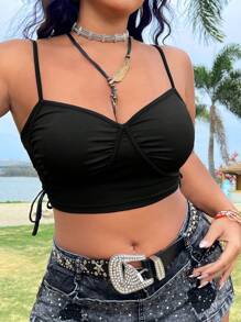 Flirla 大碼女士褶皺肩帶背心上衣 - 黑色 - 查看 5