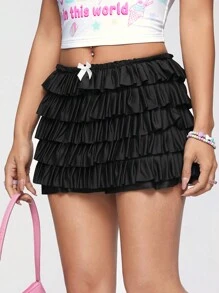 SHEIN Qutie Nhiều lớp Bánh Phong cách Váy Với Nơ Đồ trang trí - màu đen - Xem 4