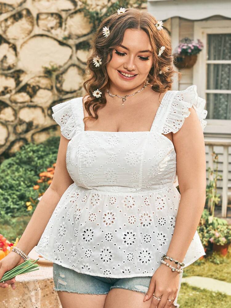Plus Size Women's Casual Holiday Style Embroidered Hollow Out Tie-Front Ruffle Hem Flutter Sleeve White Shirt, Summer