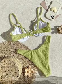 Swim Mod Leisure Style Women's Floral Flocked Bikini Set, Bikini Set Outfit Beach Swimwear Bathing Suit Summer,Summer Beach - Olive Green - View 2