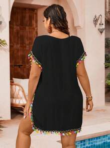 Swim Vcay Summer Beach Plus Size Crochet Flower Decor V-Neck Kimono Dress With Tassel And Fringe Hem, Short Sleeve Cruise Outfit Beach Outfit Vacay Vibe - Black - View 2