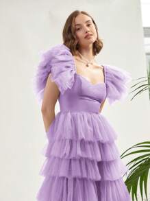 Enchnt 女士多層荷葉邊網紗浪漫風格連衣裙