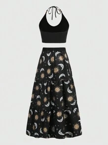 ROMWE Fairycore Plus Size Summer Fashion Sun, Moon, Stars Printed Halter Top With Open Back And Ankle-Length Skirt Two-Piece Outfit