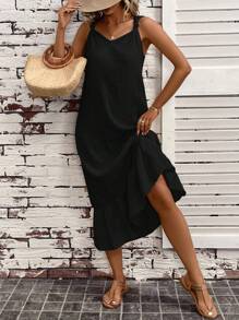 SHEIN LUNE Double Layer Gauze Breathable And Comfortable Knot Shoulder Strap Ruffle Hem Women's Dress - Black - View 1