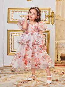 SHEIN Vestido con cuello en forma de corazón encantador con estampado floral y mangas abullonadas para niñas jóvenes