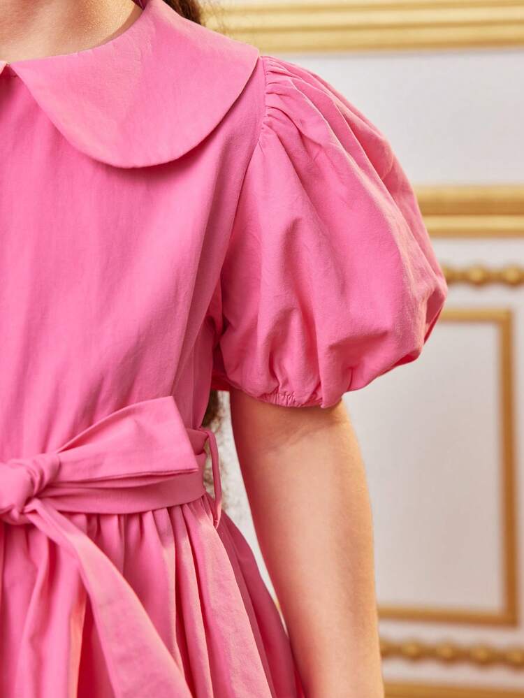 Young Girl Gorgeous Peter Pan Collar Short Sleeve Puff Sleeve Multi-Layer Ruffled Trim Dress