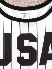 SHEIN Body sans manches tricoté pour jeune fille à rayures et lettres, col rond - Noir et Blanc - Voir 4