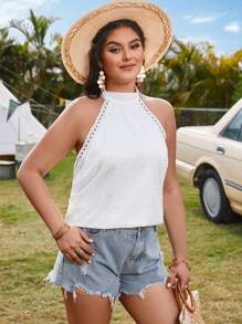 SHEIN VCAY Plus Size Vacation Style Textured Lace Trim Backless Halter Tie Blouse - White - View 5