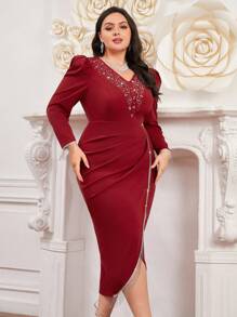 Modelyn Burgundy Red Plus Size Women's Puff Long Sleeve Dress With Rhinestones - Burgundy - View 6