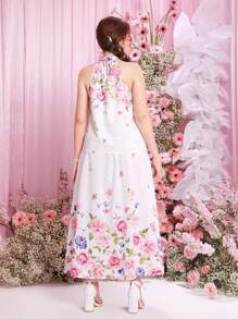 SHEIN Conjunto de 2 piezas para adolescentes con blusa de cuello halter con estampado floral tejido y falda maxi - Rosa - Ver 2