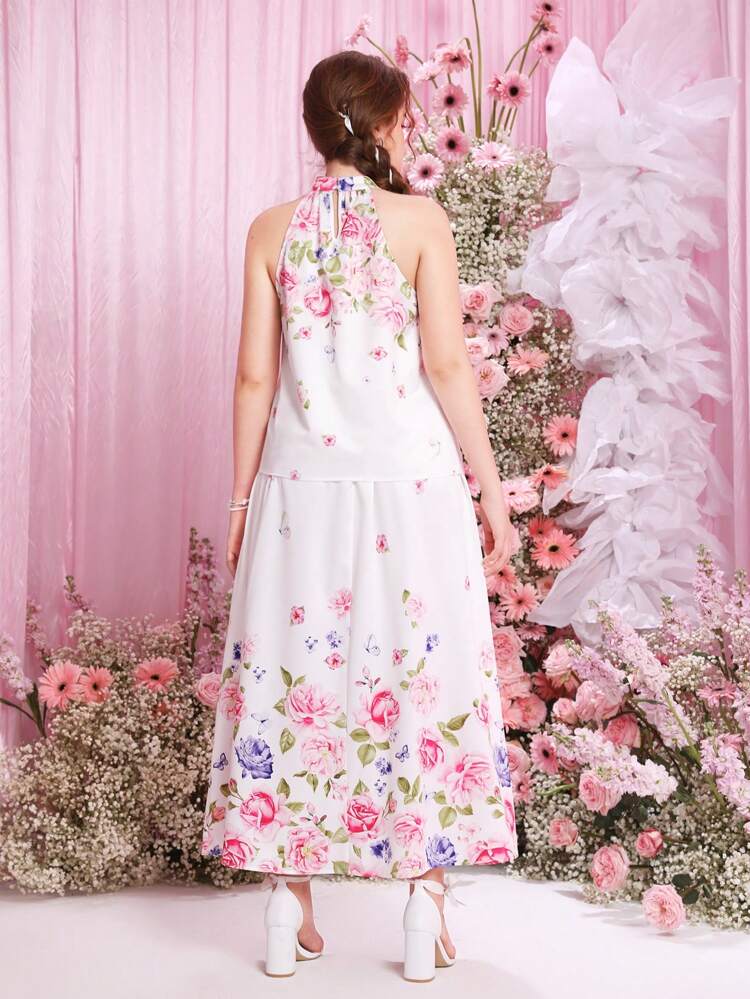Teen Girl Woven Floral Print Halter Neck Blouse And Maxi Skirt Two Pieces Set