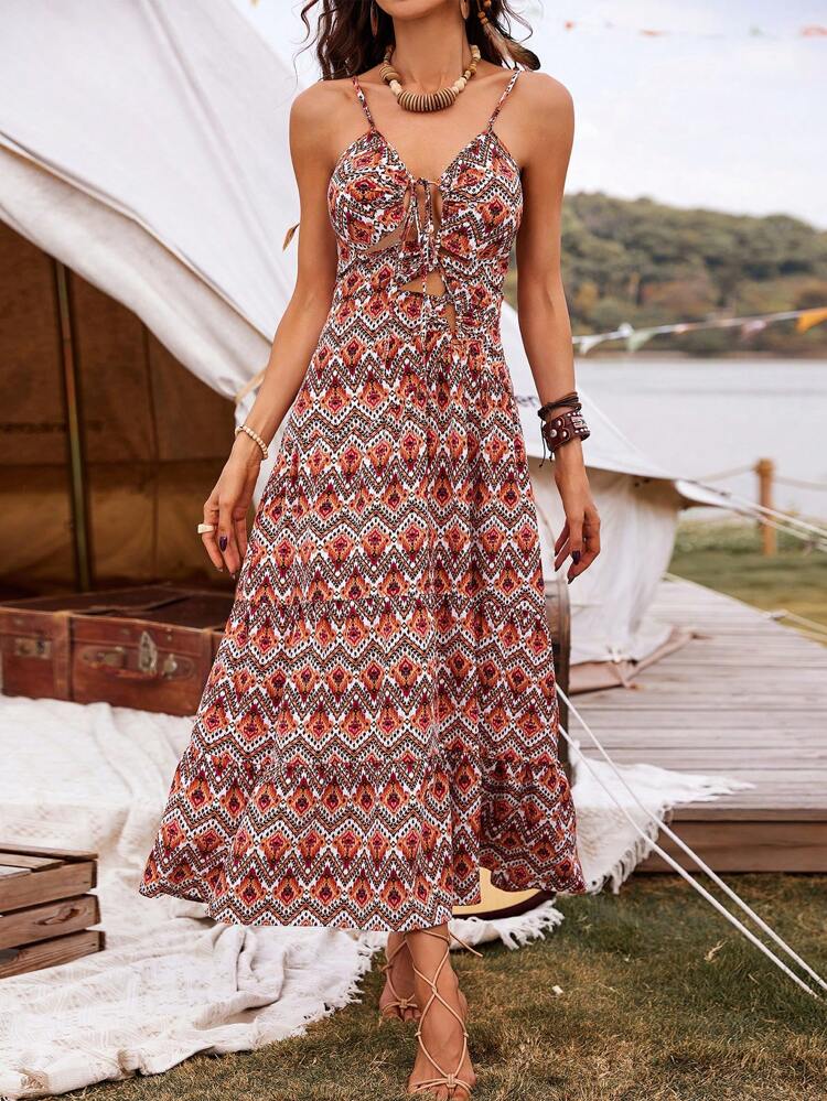 Women's Geometric Printed Waist Tie Spaghetti Strap Dress