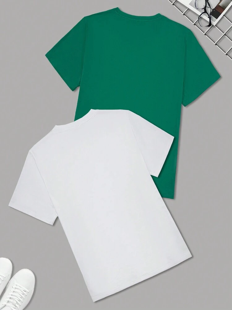 2pcs Men's Plus Size Clover & Letter Print Short Sleeve Round Neck T-Shirt