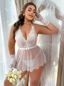 Women's Plus Size Sexy Mature Wedding Lingerie Two-Piece Set - White - View 3