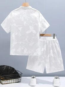 SHEIN Tween Boys' Loose Fit Casual Stand Collar Jacquard Shirt And Shorts Set, Hanfu Style - Green - View 2